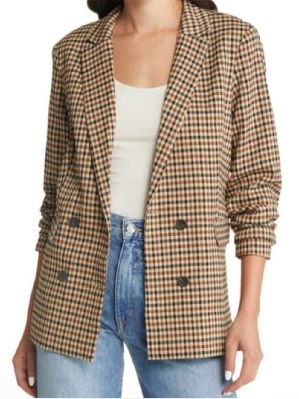 Rails - Chelsea Cafe Check - Beige and Brown Checked Double-Breasted Blazer - Picture 2 of 16